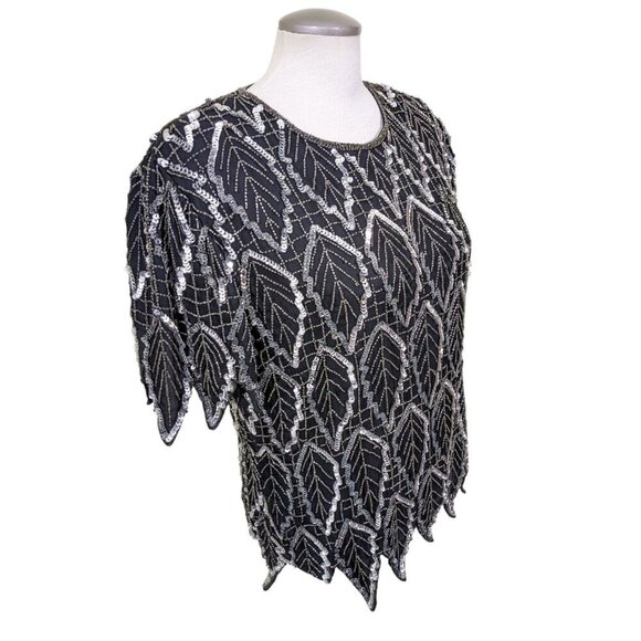Laurence Kazar Vintage Silk Blouse Womens L Black Silver Sequin Holidays Event - Picture 3 of 7